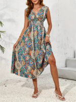 Smocked Printed Surplice Sleeveless Midi Dress – Bild 2