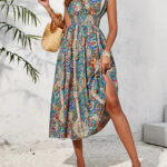 Smocked Printed Surplice Sleeveless Midi Dress
