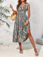 Smocked Printed Surplice Sleeveless Midi Dress