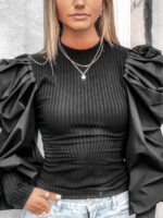 Round neck patchwork knitted blouse Female long – Bild 4