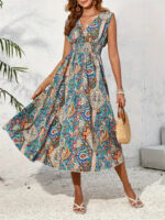 Smocked Printed Surplice Sleeveless Midi Dress – Bild 3