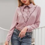 Sexy Pink Long Sleeve Neck Tie Elegant Office OL