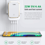 4-Port Reise-USB-Ladegerät mit LED-Lampe – kompatibel mit iPhone- & Samsung-Geräten