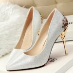 Womens high-heeled Suede Shoes pumps carved metal heel pointed Wedding
